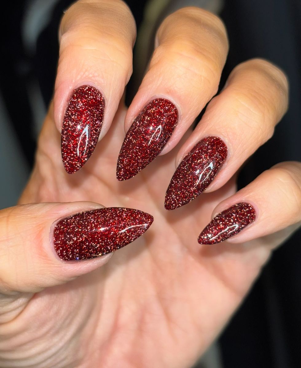 Deep red glitter nails at SNOB, Harrogate